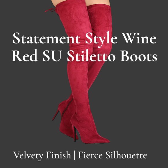 Statement Style Pointed Toe Thigh-High Silhouette Wine Red Stiletto Suede Boots - Picture 1 of 7